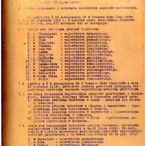 Powiększ obraz: Zarządzenie Nr 9 Naczelnego Dyrektora Archiwów Państwowych z 28 lipca 1952 r. w sprawie utworzenia i zwinięcia niektórych archiwów państwowych, s.1 (źródło: NDAP)